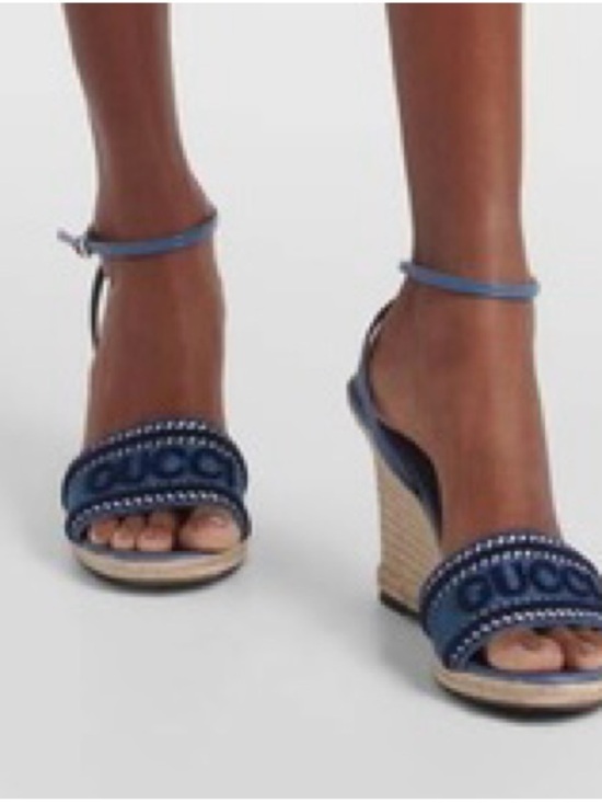 Gucci Shoes - Gucci Navy Wedge Sandals with Ankle Strap size 38/8